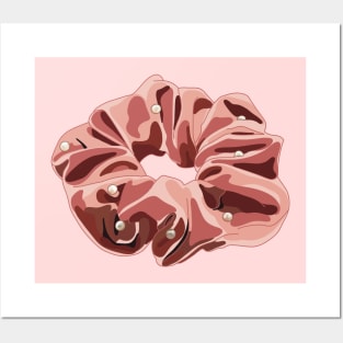 Pink velvet hair scrunchie with pearl bead details Posters and Art